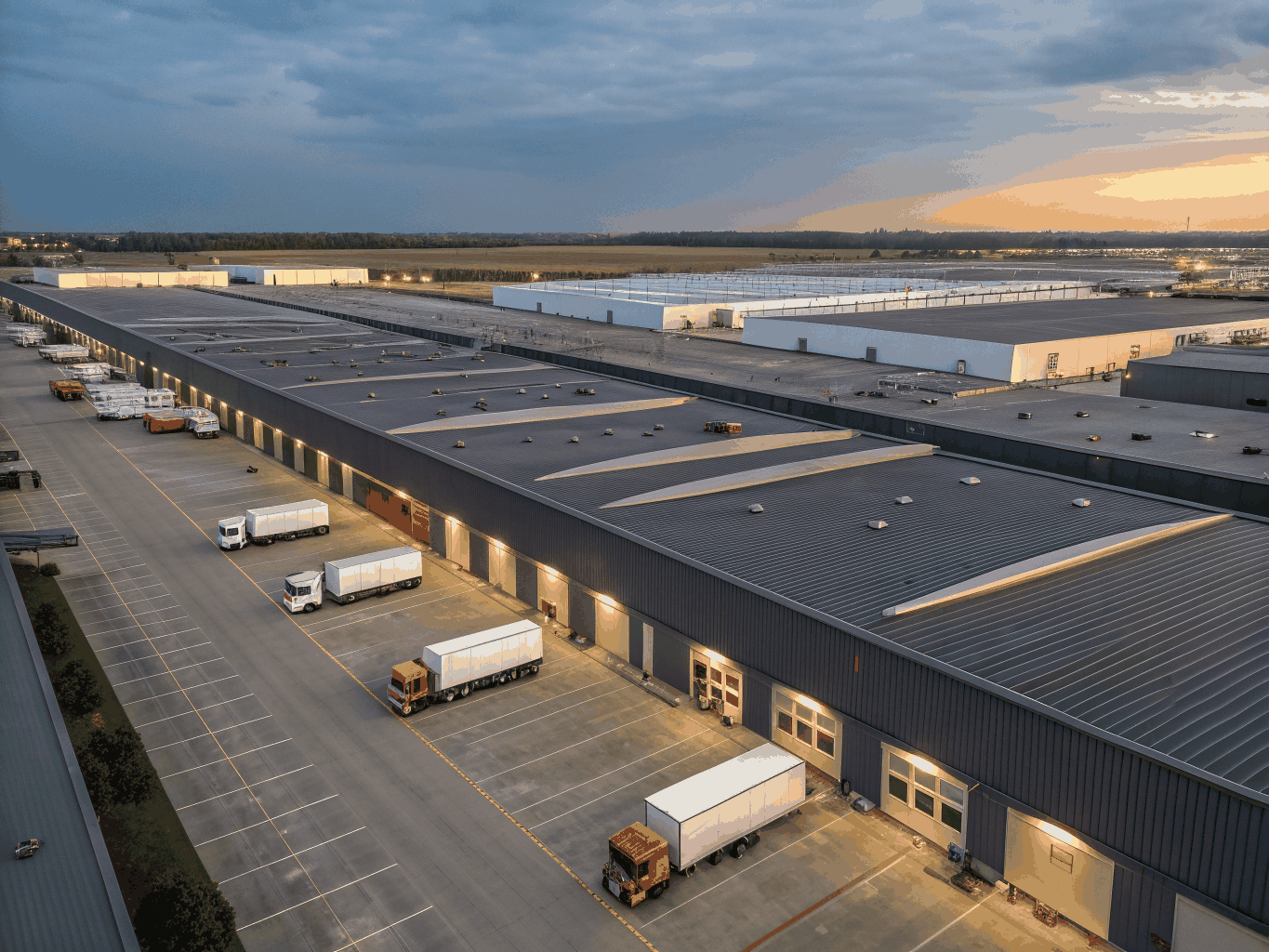 Advanced logistics and distribution hub at sunset