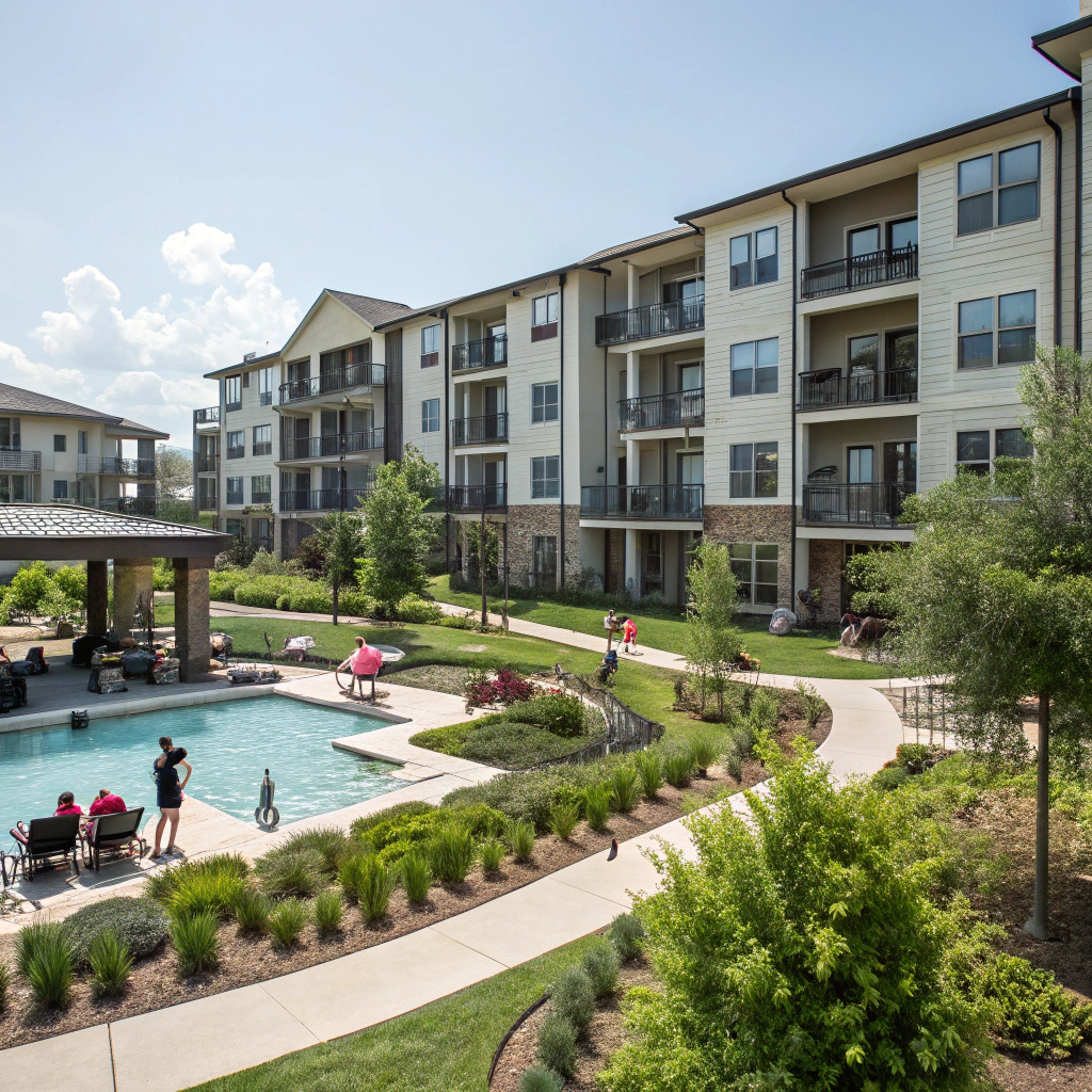 Low-rise, 2-story apartment complex in Texas with nice landscaping and trees on a sunny day