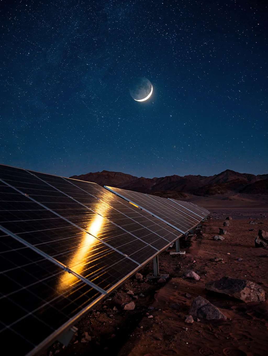 Solar panel array at sunset