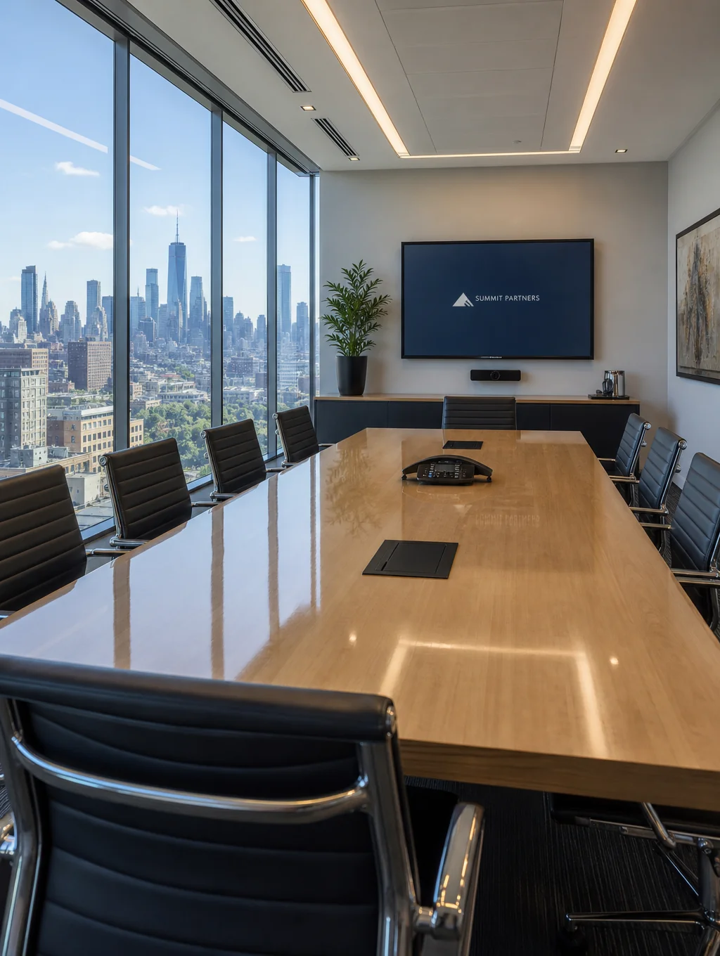 Modern boardroom overlooking the California coastline with floor-to-ceiling windows