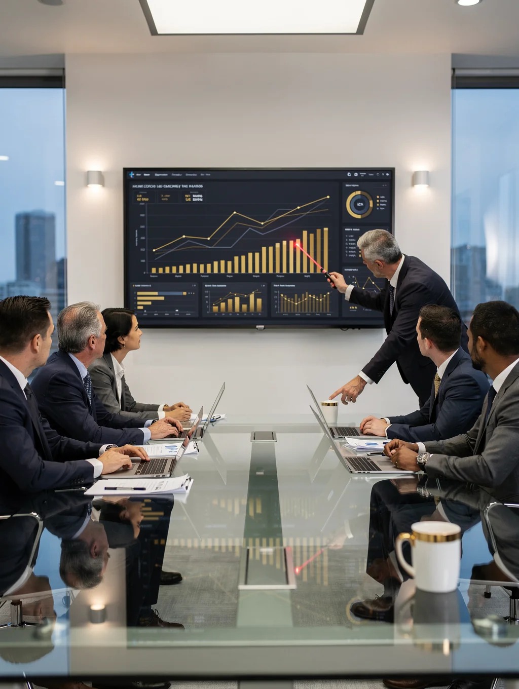 Executive team collaborating in a high-end office with ocean views