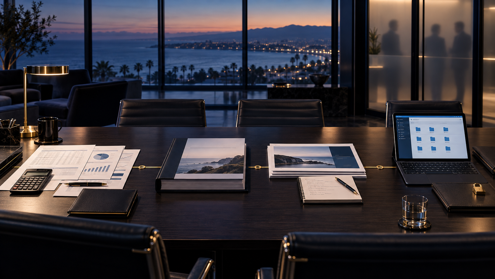 Boardroom table at dusk with a financial model, a bound CIM, a management presentation and a data room open on a laptop